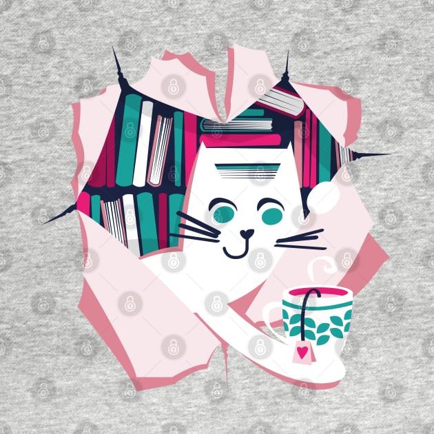 Bookish cat // white cat with tea mug teal white fuchsia and pastel pink books by SelmaCardoso